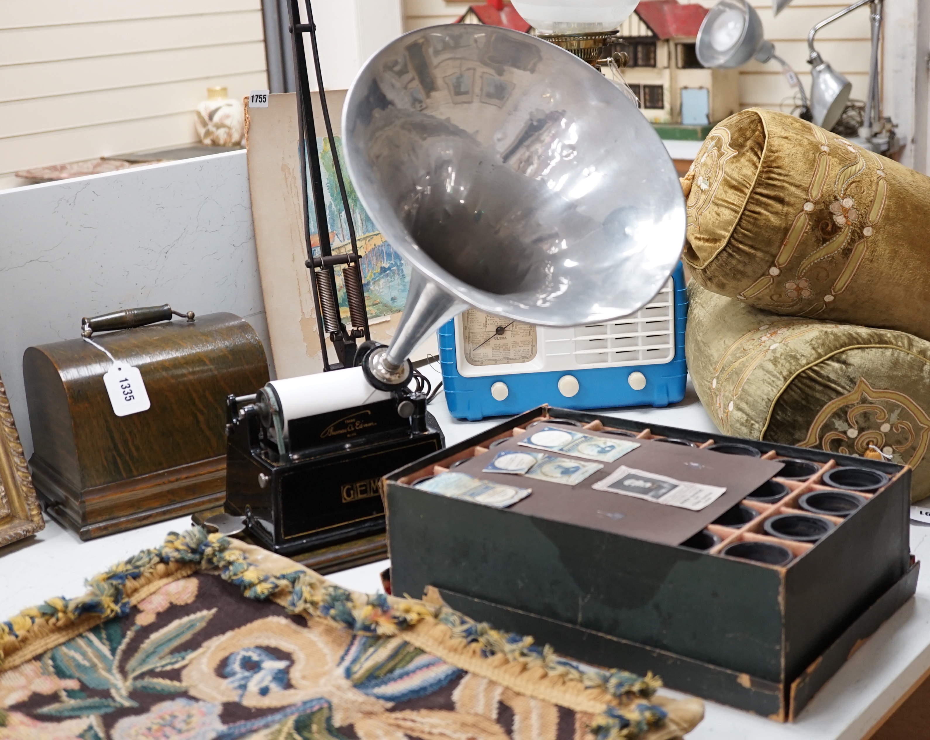 An oak cased Edison Little Gem phonograph with zinc horn and an original card box containing nineteen cylinders